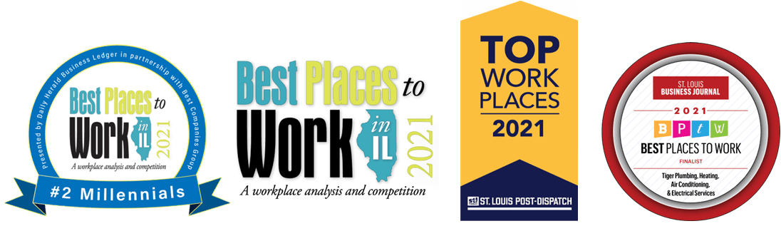 Tiger Plumbing, Heating, Air Conditioning & Electrical Services has recently been named as a Top Workplace in the St. Louis area, one of the Best Places to Work in Illinois, and a Finalist in the St. Louis Business Journal's Best Places to Work.